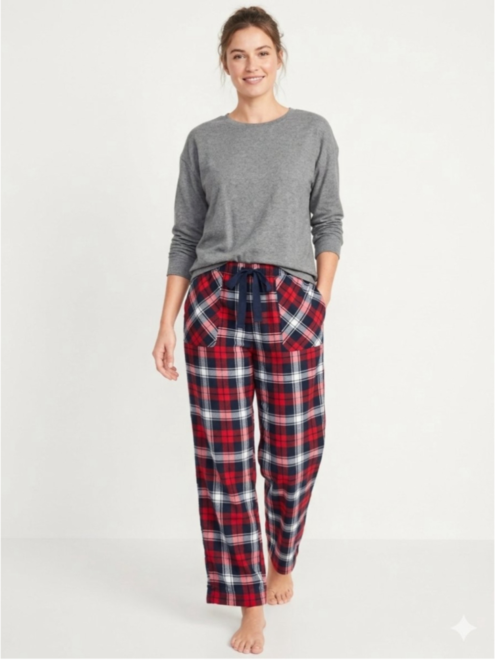 Women's Aerie Red Navy Plaid Flannel Pajama Pants Wide Leg Cozy Lounge PJ M -848